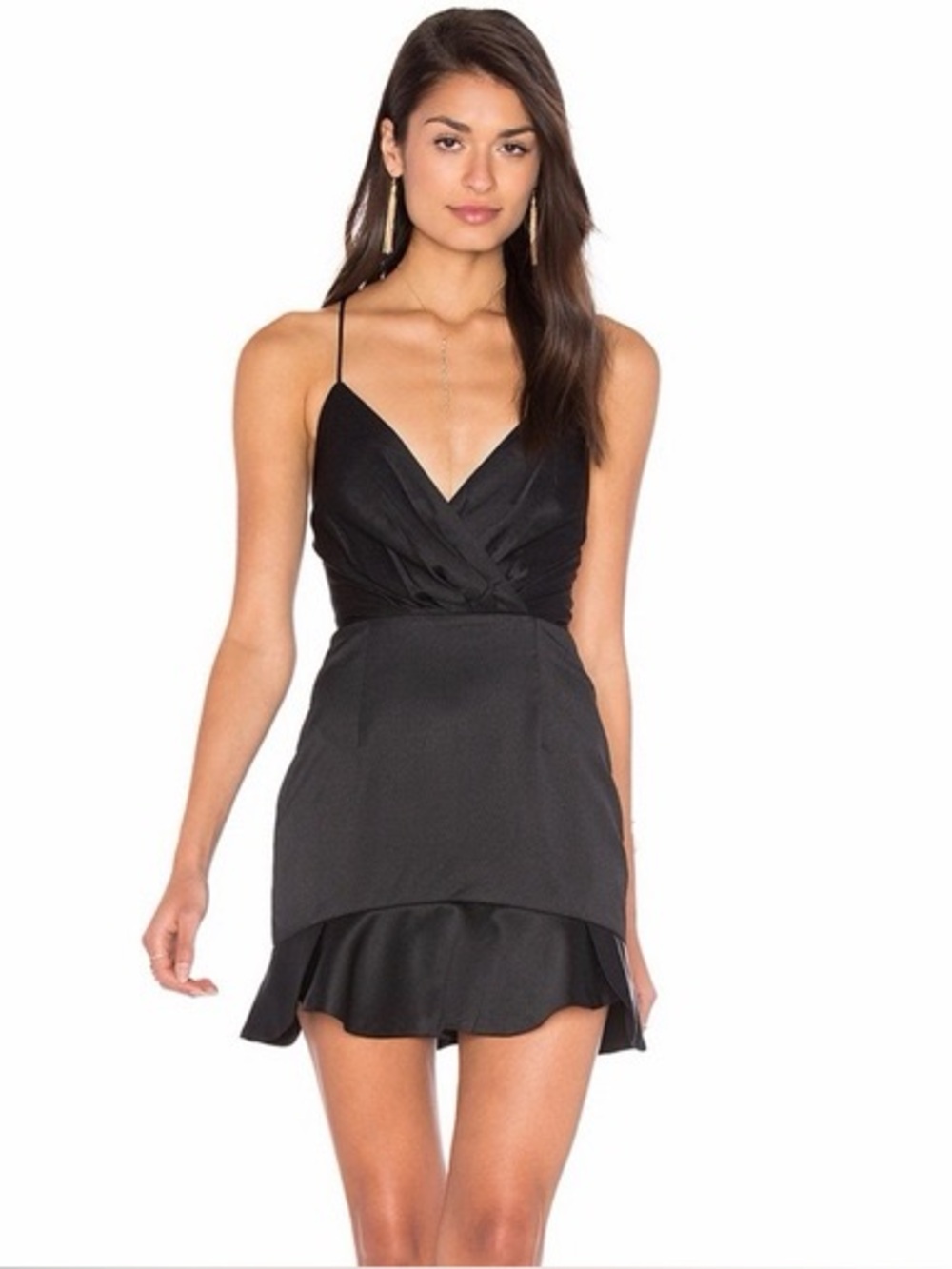 NBD Black Mini Dress with Crossback Straps and Ruffle Hem